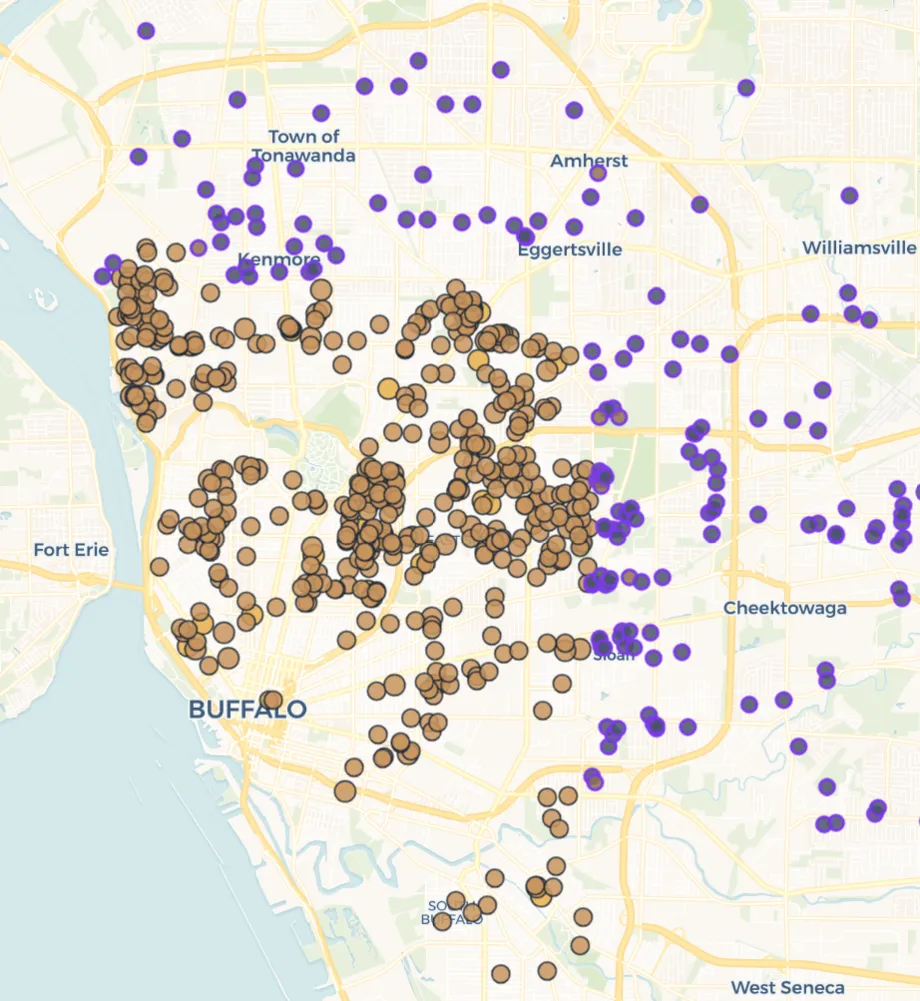 Distress map of scored parcels across Buffalo and Erie County